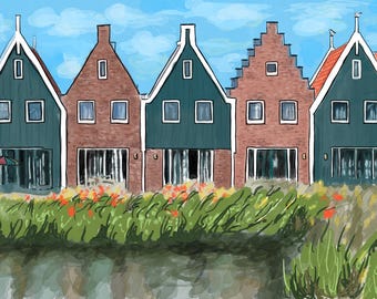 Volendam Houses Watercolor Print: Amsterdam Artist, Various Sizes (Giclee Print)