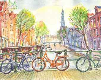 Prinsengracht Amsterdam Watercolor Print – Canal Houses, Bicycles, Cityscape Art