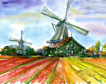Windmills on the tulip field