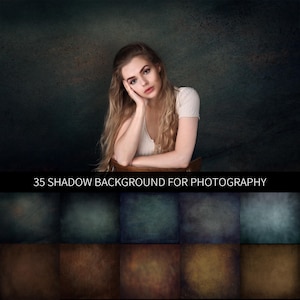 May include: A woman with long blonde hair sits in front of a dark textured background. The image includes a selection of 35 shadow backgrounds for photography, with various colors and textures.