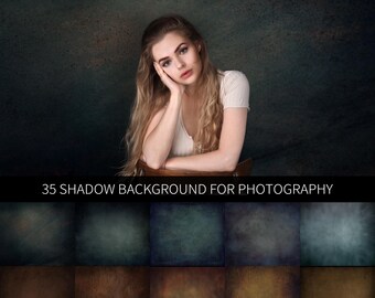 May include: A woman with long blonde hair sits in front of a dark textured background. The image includes a selection of 35 shadow backgrounds for photography, with various colors and textures.