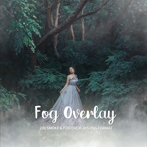 May include: A woman in a light blue gown stands in a misty forest, surrounded by lush green foliage. The image has an ethereal quality with soft fog. Text at the bottom reads "Fog Overlay" and "230 Smoke & Fog Overlays PNG Format".
