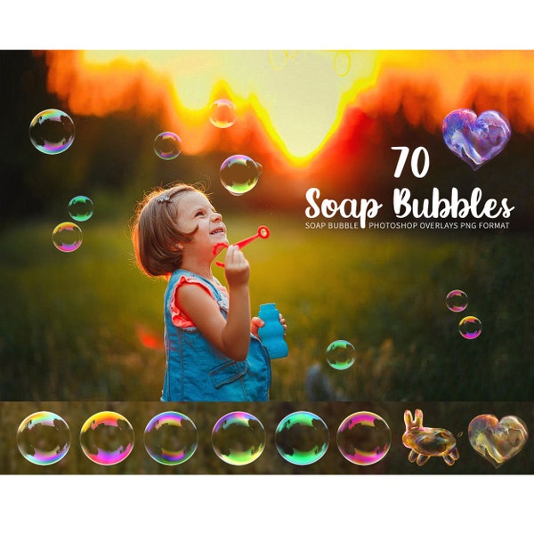 70 superposiciones de Photoshop de burbujas de jabón que soplan: superposiciones PNG de burbujas para fotografía de bodas y niños, formato PNG de descarga instantánea, fácil de usar.