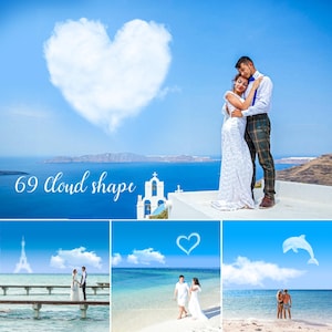 Puede incluir: Un collage de tres imágenes que muestran parejas con atuendos de boda con un cielo azul y nubes de fondo. La primera imagen muestra a una pareja abrazándose en un edificio blanco con una nube en forma de corazón en el cielo. La segunda imagen muestra a una pareja caminando por una playa con una nube en forma de corazón en el cielo. La tercera imagen muestra a una pareja de pie en una playa con una nube en forma de delfín en el cielo.