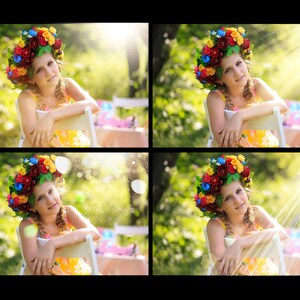 May include: A young person wearing a colorful flower crown sits on a white chair in a garden setting. The background is blurred and the person is smiling at the camera.
