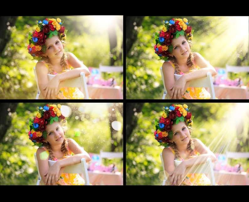 May include: A young person wearing a colorful flower crown sits on a white chair in a garden setting. The background is blurred and the person is smiling at the camera.