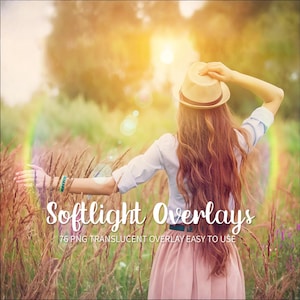 Puede incluir: Una mujer en un campo con los brazos extendidos, llevando un sombrero de paja y una camisa blanca. El texto "Softlight Overlays" está escrito en una fuente decorativa con el lema "76 PNG TRANSLUCENT OVERLAY EASY TO USE".