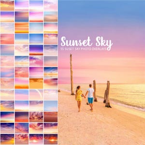 以下が含まれることがあります： 55枚の夕焼け空写真オーバーレイのコレクション。夕焼けのビーチを歩くカップルの写真。空はピンク、オレンジ、青のグラデーションです。「Sunset Sky」の文字が白で表示されています。