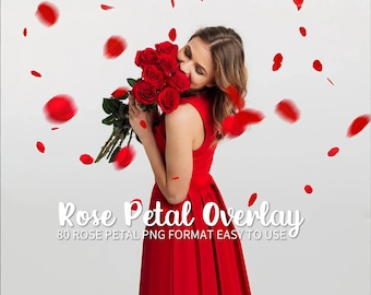 May include: A woman in a red dress holds a bouquet of red roses with red rose petals falling around her. The text "Rose Petal Overlay 80 Rose Petal PNG Format Easy To Use" is at the bottom of the image.
