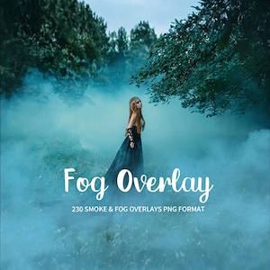 Könnte beinhalten: Digitales Kunstbild mit einer Frau in einem dunklen Kleid in einem nebligen Wald. Der Text "Fog Overlay" ist in weißer Schreibschrift dargestellt, darunter "230 SMOKE & FOG OVERLAYS PNG FORMAT".