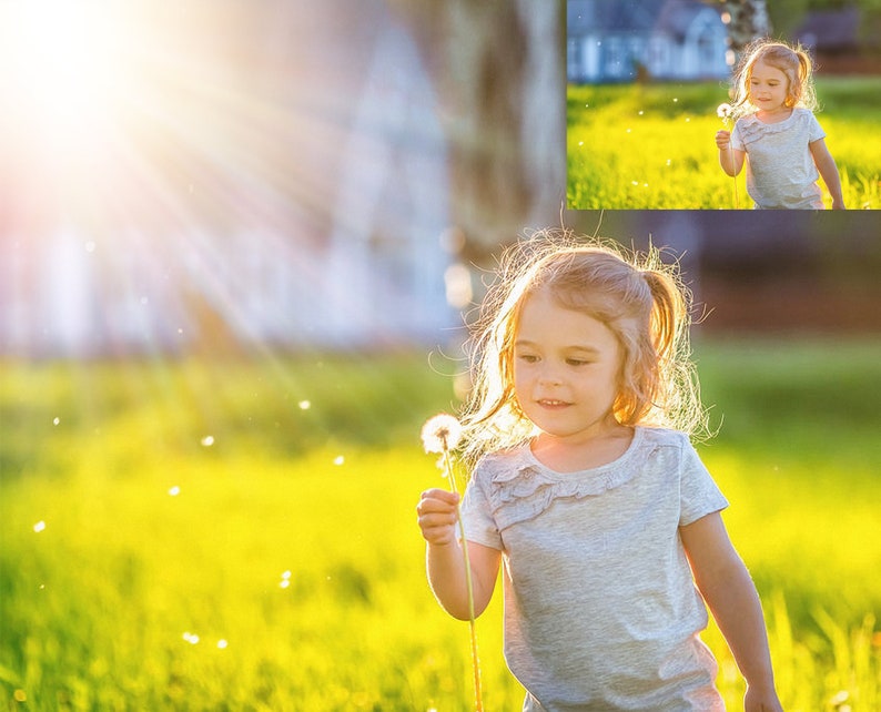 Puede incluir: Una ni&ntilde;a peque&ntilde;a con cabello rubio sopla sobre un diente de le&oacute;n en un campo de hierba verde. El sol brilla intensamente en el fondo, creando un ambiente c&aacute;lido y soleado.
