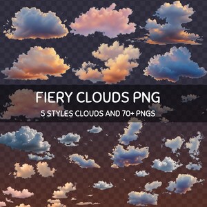 May include: A collection of cloud images in various styles and colors, including shades of orange, pink, blue, and white. The text "FIERY CLOUDS PNG" is displayed, along with "5 STYLES CLOUDS AND 70+ PNGS". The clouds are set against a transparent background.