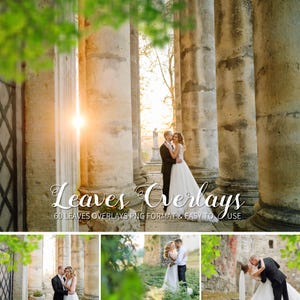 Pode incluir: Um casal posa para uma foto de casamento em frente a um arco de pedra com colunas. A noiva está usando um vestido de noiva branco e o noivo está usando um terno preto. O texto "Leaves Overlays 60 LEAVES OVERLAYS PNG FORMAT & EASY TO USE" é exibido abaixo do casal.