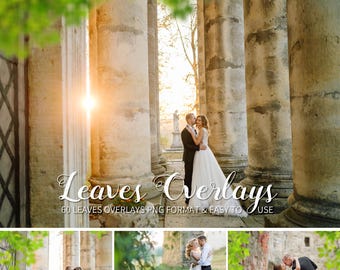 May include: A couple poses for a wedding photo in front of a stone archway with columns. The bride is wearing a white wedding dress and the groom is wearing a black suit. The text "Leaves Overlays 60 LEAVES OVERLAYS PNG FORMAT & EASY TO USE" is displayed below the couple.