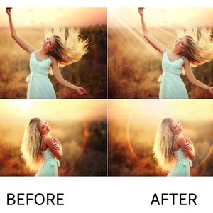 Puede incluir: Una mujer con el pelo largo y rubio est&aacute; de pie en un campo. Lleva un vestido blanco y sonr&iacute;e. La foto est&aacute; dividida en dos secciones, mostrando la imagen antes y despu&eacute;s de la edici&oacute;n. La imagen despu&eacute;s tiene un efecto suave y de ensue&ntilde;o con un halo de arco&iacute;ris alrededor de la mujer.