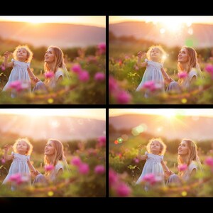 May include: A mother and daughter stand in a field of pink flowers, looking up at the sun. The sun is shining brightly and there is a soft glow around them. The mother is wearing a white shirt and the daughter is wearing a light blue dress.