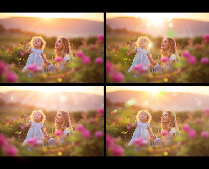 May include: A mother and daughter stand in a field of pink flowers, looking up at the sun. The sun is shining brightly and there is a soft glow around them. The mother is wearing a white shirt and the daughter is wearing a light blue dress.