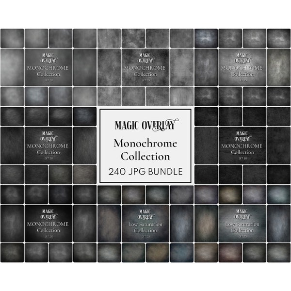 240 MONOCHROME Black Set  Photoshop Overlays, Digital Backdrop, Photography Background, Black and White Texture Bundle 09