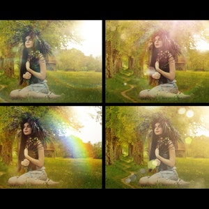 May include: A woman wearing a flower crown sits in a field with a sunlit background. The woman is wearing a long, flowing dress and has her arms crossed in front of her. The field is green and lush, and the sun is shining brightly.