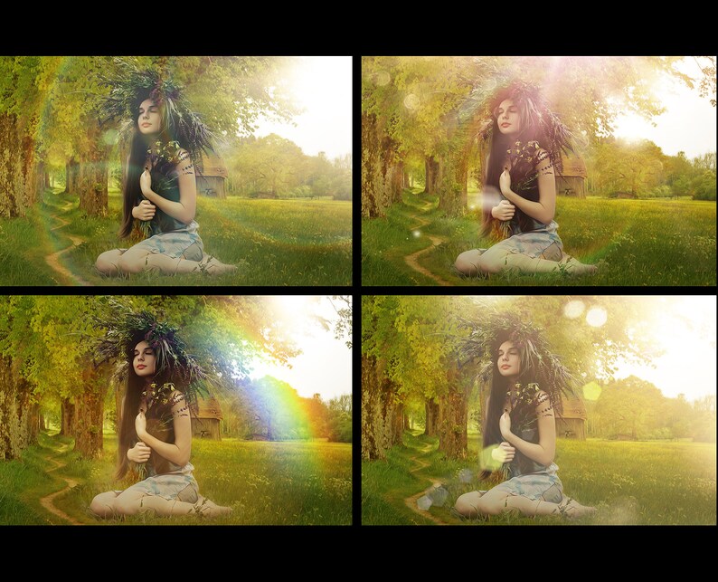 May include: A woman wearing a flower crown sits in a field with a sunlit background. The woman is wearing a long, flowing dress and has her arms crossed in front of her. The field is green and lush, and the sun is shining brightly.