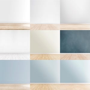May include: A collage of nine images showing different wall and floor combinations. The top row shows three white walls with wood floors. The middle row shows a white wall with white wood floors, a cream wall with wood floors, and a blue wall with wood floors. The bottom row shows three blue walls with wood floors.