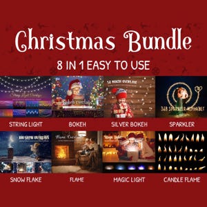 May include: A collection of 8 Christmas overlays for digital design. The overlays include string lights, bokeh, silver bokeh, sparklers, snowflakes, flames, magic lights, and candle flames.
