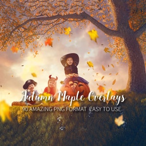 May include: Three children dressed in Halloween costumes are sitting on a large pumpkin in a fall scene. The children are surrounded by falling maple leaves. The text "Autumn Maple Overlays 90 AMAZING PNG FORMAT EASY TO USE" is at the bottom of the image.