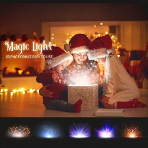 Puede incluir: Tres niños con gorros de Papá Noel abren una caja de la que emana una luz mágica. La caja está decorada con un patrón blanco y verde. Los niños están en un ambiente cálido y festivo con luces navideñas de fondo.