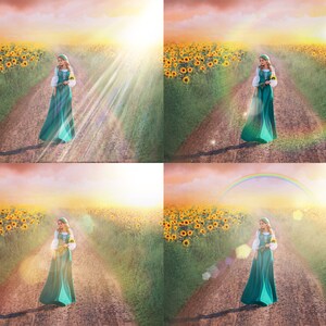 May include: A woman in a green dress walks down a path in a field of sunflowers. The sun is shining brightly and there are beams of light coming from the sun. The woman is holding a sunflower in her hand.