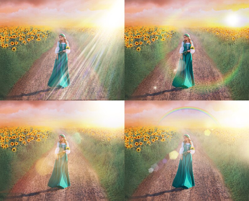 May include: A woman in a green dress walks down a path in a field of sunflowers. The sun is shining brightly and there are beams of light coming from the sun. The woman is holding a sunflower in her hand.