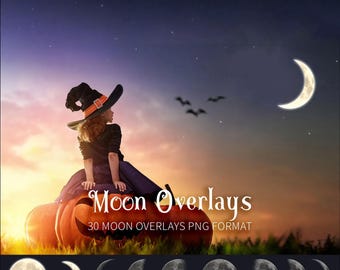 Moon overlays: Magic full moon phase isolated over translucent background,  Fantasy night sky and Halloween moon ,Photoshop png