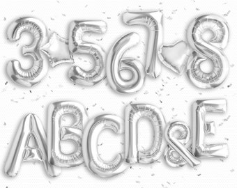 59 Silber Buchstaben & Zahl Ballon Overlays Png, Hochzeits-Overlays Festliche weiße Ballon-Overlays, Geburtstag-Overlays, Photoshop-Overlays