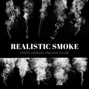 May include: A collection of realistic white smoke overlays against a black background. The image includes various wisps and plumes of smoke, with the text "REALISTIC SMOKE PHOTO OVERLAYS PNG EASY TO USE" in white.