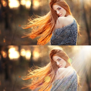 Puede incluir: Una mujer con el pelo largo y rojo fluyendo lleva un su&eacute;ter de punto gris. Est&aacute; de pie en un bosque con el sol brillando a trav&eacute;s de los &aacute;rboles.
