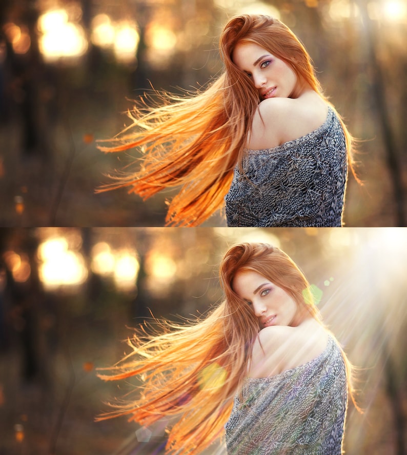 Puede incluir: Una mujer con el pelo largo y rojo fluyendo lleva un su&eacute;ter de punto gris. Est&aacute; de pie en un bosque con el sol brillando a trav&eacute;s de los &aacute;rboles.