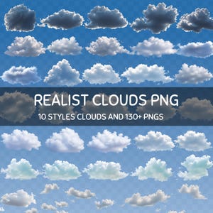 May include: A selection of realistic cloud PNG images in various shapes and shades of white, grey, and blue. The image includes the text "REALIST CLOUDS PNG" and "10 STYLES CLOUDS AND 130+ PNGS". The clouds are set against a transparent background.
