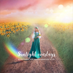 Può includere: Una donna in un vestito verde cammina lungo un sentiero in un campo di girasoli. Il sole splende luminoso e c'è un arcobaleno nel cielo. Il testo "Sunlight overlays" è scritto sul sentiero. 68 PNG format sunlight and beam easy to use.