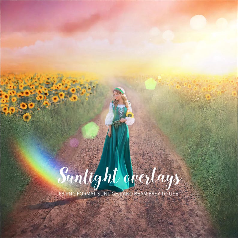 May include: A woman in a green dress walks down a path in a field of sunflowers. The sun is shining brightly and there is a rainbow in the sky. The text "Sunlight overlays" is written on the path. 68 PNG format sunlight and beam easy to use.
