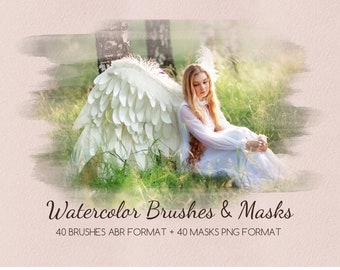 40 Watercolor Portrait Masks：Watercolor Png Overlays/Clipping/brush，Watercolor Textures Png Frame/Watercolor Portrait Masks
