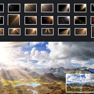 May include: A panoramic view of a mountain range with a bright, golden sun shining through the clouds. The sun's rays illuminate the landscape, creating a dramatic and ethereal effect. The mountains are covered in lush green vegetation, and there are several small lakes in the foreground.