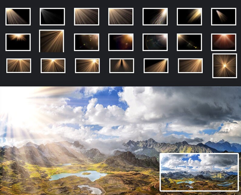 May include: A panoramic view of a mountain range with a bright, golden sun shining through the clouds. The sun's rays illuminate the landscape, creating a dramatic and ethereal effect. The mountains are covered in lush green vegetation, and there are several small lakes in the foreground.