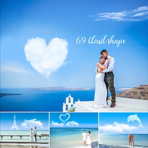 May include: A composite image featuring a heart-shaped cloud in a blue sky, with the text "69 cloud shape." Several smaller images show couples in wedding attire near the ocean. One image shows a couple near the Eiffel Tower.