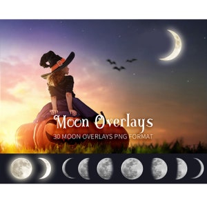 Moon overlays: Magic full moon phase isolated over translucent background,  Fantasy night sky and Halloween moon ,Photoshop png