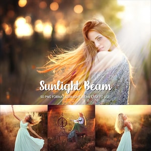 May include: A collection of 50 PNG format sunlight beam overlays. The overlays are easy to use and can be added to photos to create a warm, sunlit effect. The image shows a woman with long red hair standing in a field with sunlight shining through her hair.