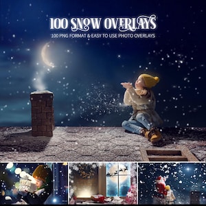 Peut inclure: Image numérique d'une scène nocturne avec de la neige qui tombe. Le texte "100 SNOW OVERLAYS" est affiché en haut. Une personne est assise sur un toit, soufflant de la neige. Des images supplémentaires de scènes d'hiver sont en bas.
