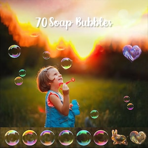 May include: A young child blowing soap bubbles outdoors. The image features a girl in a denim outfit, blowing bubbles with a red wand. The bubbles are iridescent, reflecting colors of the sunset. The text "70 Soap Bubbles" is displayed at the top.