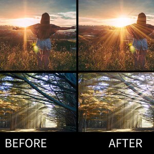 Puede incluir: Una imagen de antes y despu&eacute;s que muestra la diferencia entre una foto con luz solar dura y una foto con luz suave y difusa. La primera imagen muestra a una persona de pie con los brazos extendidos en un campo con el sol detr&aacute;s de ella. La segunda imagen muestra un camino forestal con la luz del sol que atraviesa los &aacute;rboles.