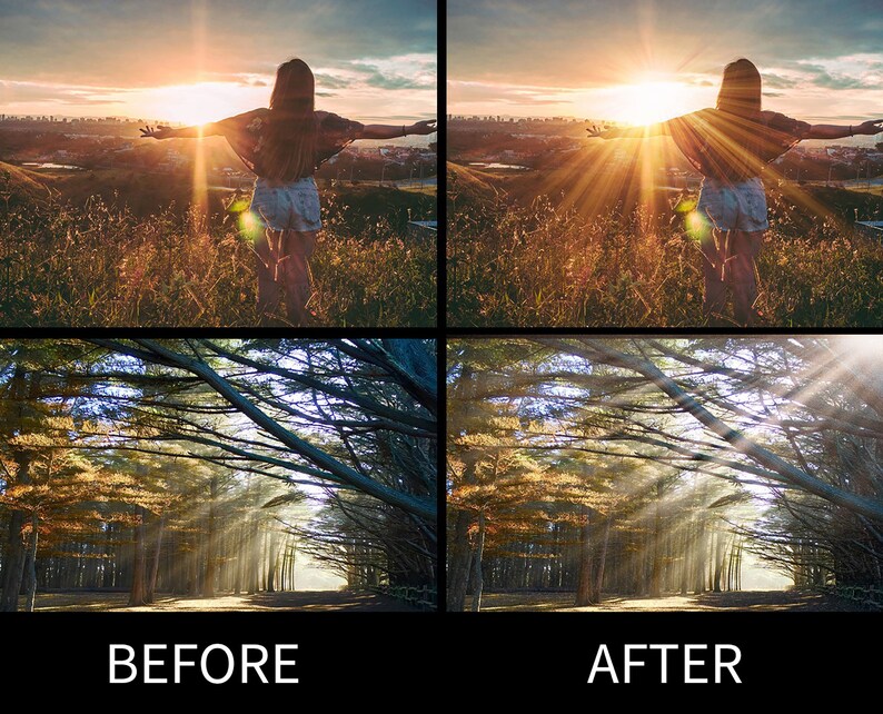 Puede incluir: Una imagen de antes y despu&eacute;s que muestra la diferencia entre una foto con luz solar dura y una foto con luz suave y difusa. La primera imagen muestra a una persona de pie con los brazos extendidos en un campo con el sol detr&aacute;s de ella. La segunda imagen muestra un camino forestal con la luz del sol que atraviesa los &aacute;rboles.