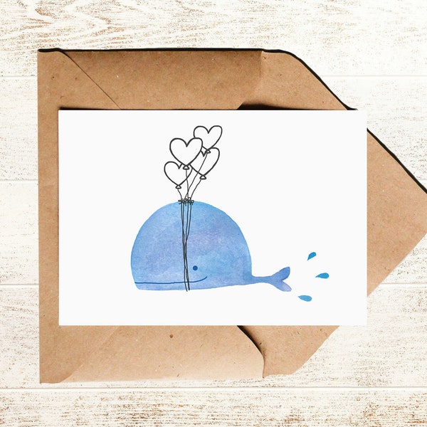 Liebeskarte Wal | süße Postkarte mit Wal aus Wasserfarben und Herzballons für Kinder