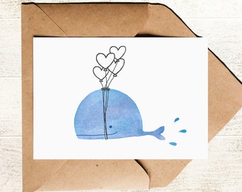 Love Card whale | sweet postcard with watercolor whale and heart balloons as giftidea for children